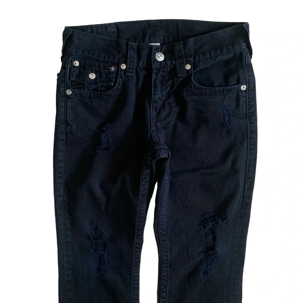 True Religion Straight With Flap All Black With Rips Jeans Size 30 - Picture 2 of 10